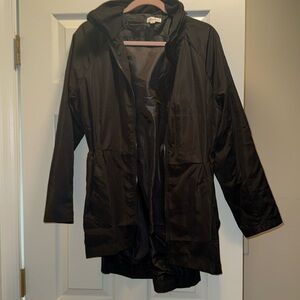 Black rain coat with hood. Used.